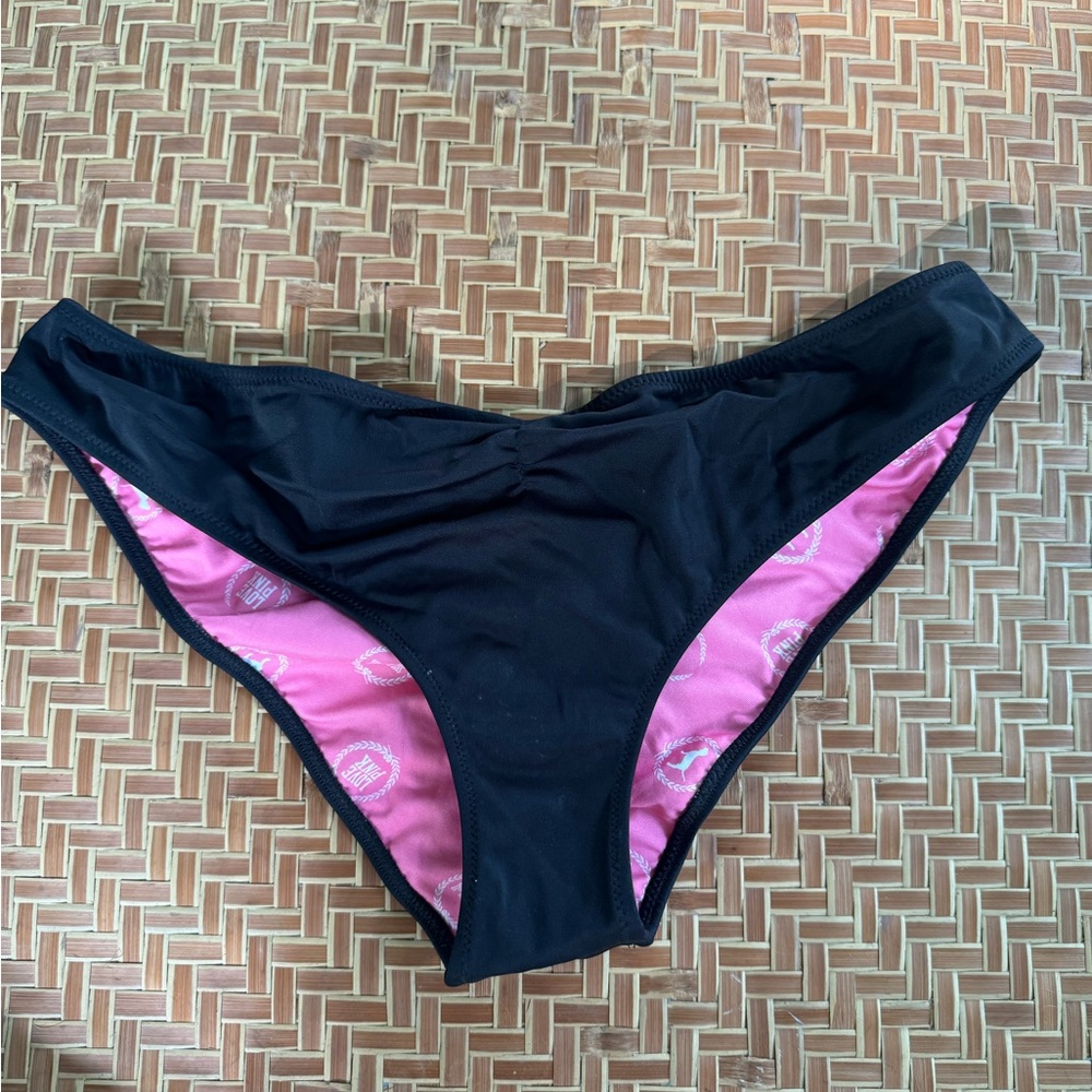 Ruched black bikini bottoms that I paired with my reversible bikini top.